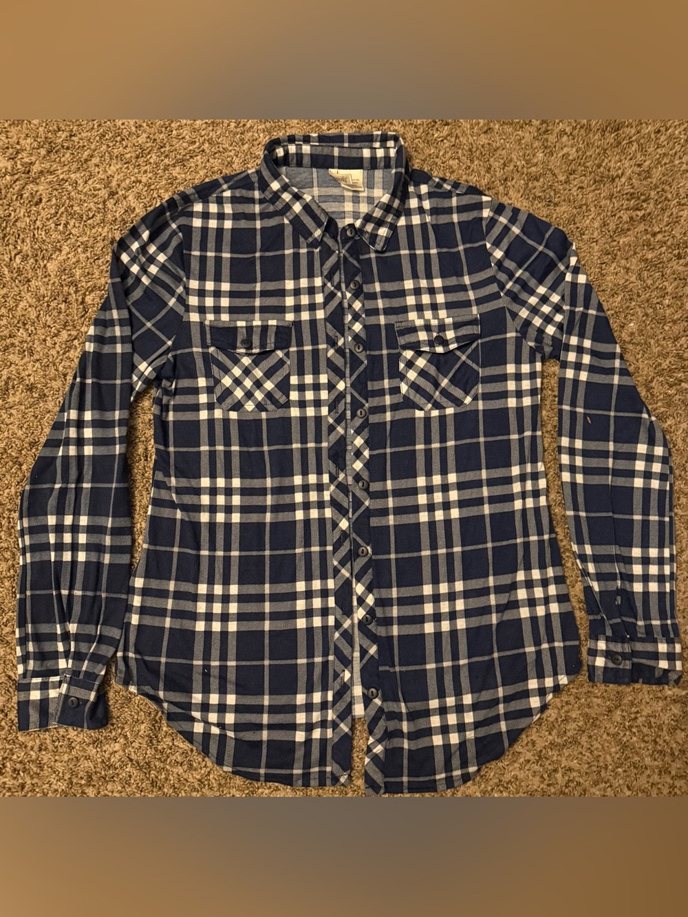 Passport Navy & White Plaid Flannel Long Sleeve Button-Down Shirt